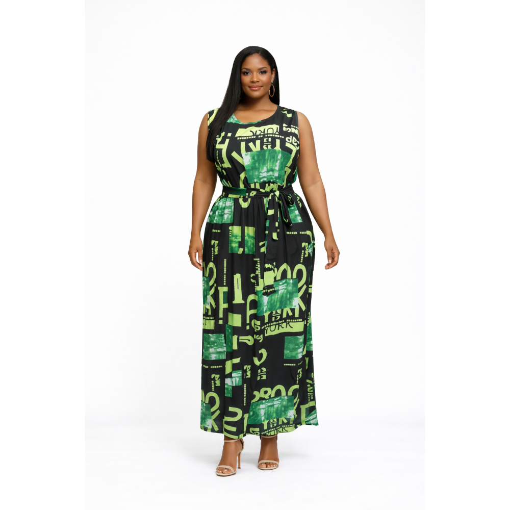 Green Printed Sleeveless Midi Dress